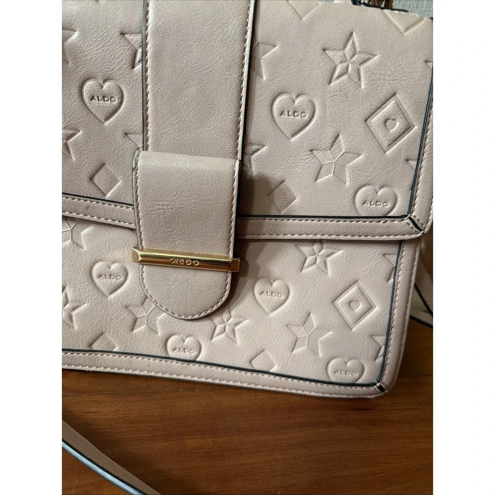 Aldo Blush Gold Satchel Handbag Logo Shape Printed Crossbody